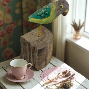 Rustic Carved Folk Art Whimsical Jungle Wooden Parrot Bird Sculpture On Log Base